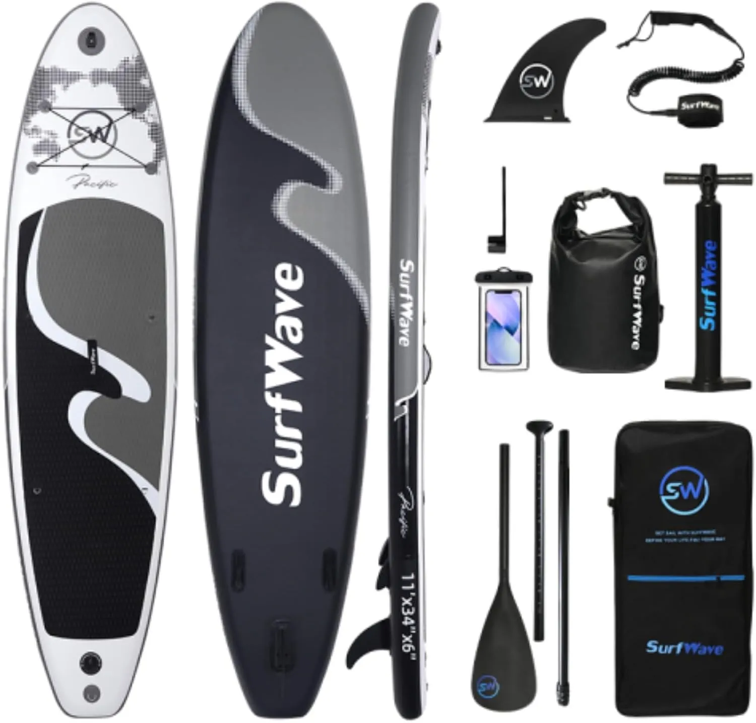 11'x34 x6 Inflatable Stand Up Paddle Board, Surfboard, Surfing Paddle Board, Balance Float Board, Universal Travel Board, PVC Brushed Material, with Accessories