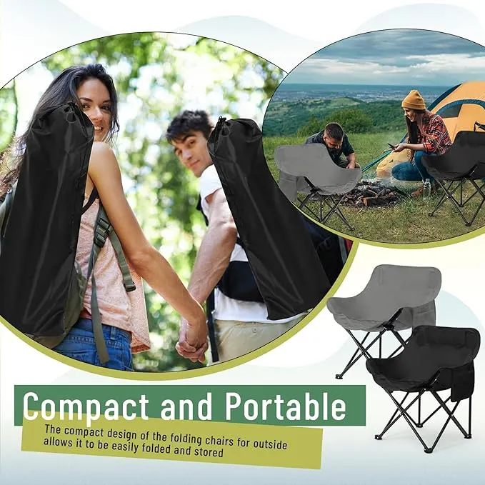 2 Pack Compact Camping Chair Portable Folding Chairs for Outside with Carry Bag Lightweight Moon Chairs for Travel Picnic Hiking Beach Fishing, 600D Oxford, Supports 330lbs (Grey, Black)