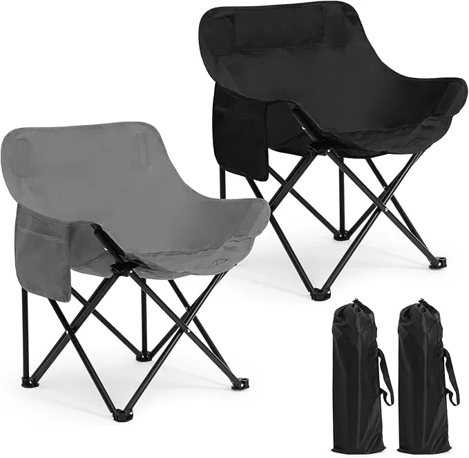 2 Pack Compact Camping Chair Portable Folding Chairs for Outside with Carry Bag Lightweight Moon Chairs for Travel Picnic Hiking Beach Fishing, 600D Oxford, Supports 330lbs (Grey, Black)