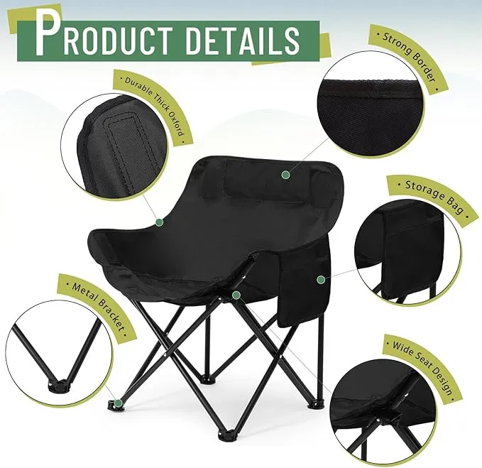 2 Pack Compact Camping Chair Portable Folding Chairs for Outside with Carry Bag Lightweight Moon Chairs for Travel Picnic Hiking Beach Fishing, 600D Oxford, Supports 330lbs (Grey, Black)