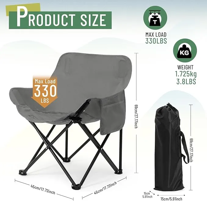 2 Pack Compact Camping Chair Portable Folding Chairs for Outside with Carry Bag Lightweight Moon Chairs for Travel Picnic Hiking Beach Fishing, 600D Oxford, Supports 330lbs (Grey, Black)