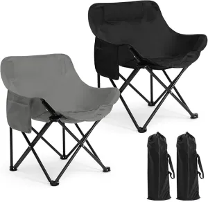 2 Pack Compact Camping Chair Portable Folding Chairs for Outside with Carry Bag Lightweight Moon Chairs for Travel Picnic Hiking Beach Fishing, 600D Oxford, Supports 330lbs (Grey, Black)