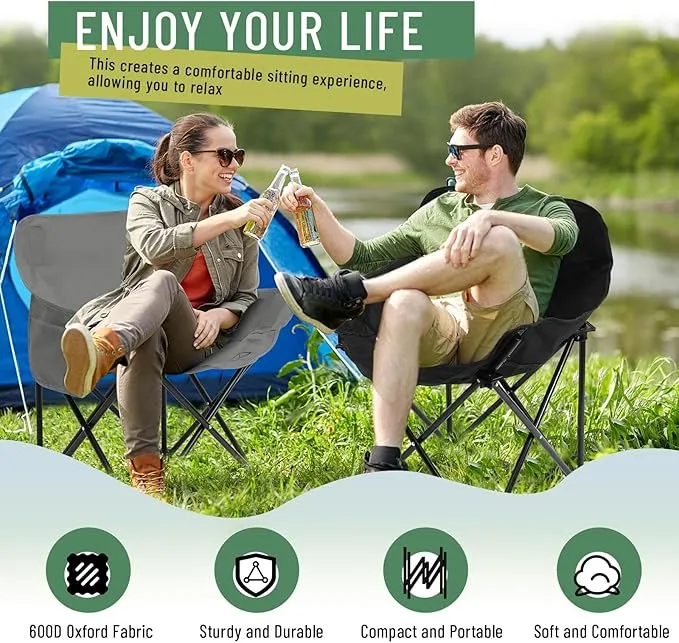 2 Pack Compact Camping Chair Portable Folding Chairs for Outside with Carry Bag Lightweight Moon Chairs for Travel Picnic Hiking Beach Fishing, 600D Oxford, Supports 330lbs (Grey, Black)