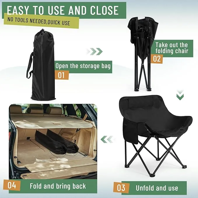 2 Pack Compact Camping Chair Portable Folding Chairs for Outside with Carry Bag Lightweight Moon Chairs for Travel Picnic Hiking Beach Fishing, 600D Oxford, Supports 330lbs (Grey, Black)