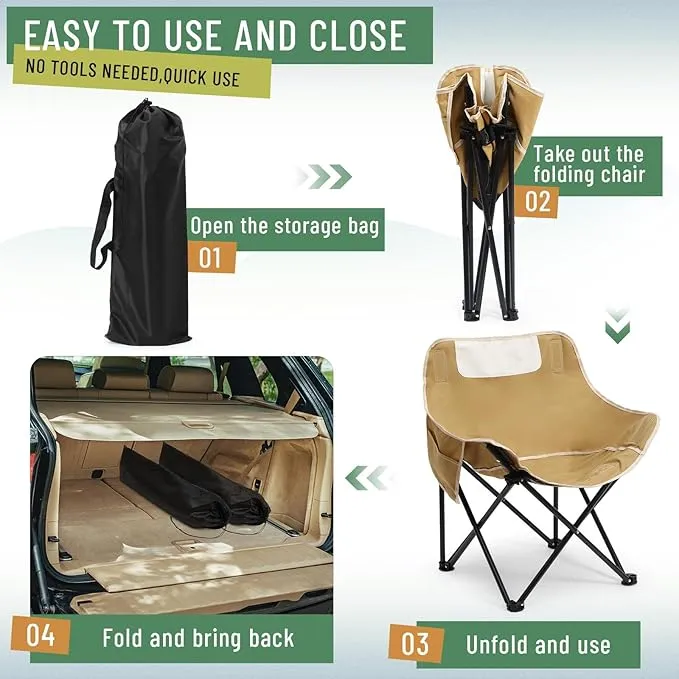 2 Pack Compact Camping Chair Portable Folding Chairs for Outside with Carry Bag Lightweight Moon Chairs for Travel Picnic Hiking Beach Fishing, 600D Oxford, Supports 330lbs (Khaki, Black)