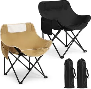 2 Pack Compact Camping Chair Portable Folding Chairs for Outside with Carry Bag Lightweight Moon Chairs for Travel Picnic Hiking Beach Fishing, 600D Oxford, Supports 330lbs (Khaki, Black)
