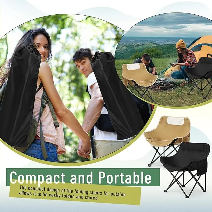 2 Pack Compact Camping Chair Portable Folding Chairs for Outside with Carry Bag Lightweight Moon Chairs for Travel Picnic Hiking Beach Fishing, 600D Oxford, Supports 330lbs (Khaki, Black)