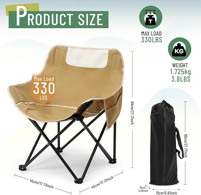 2 Pack Compact Camping Chair Portable Folding Chairs for Outside with Carry Bag Lightweight Moon Chairs for Travel Picnic Hiking Beach Fishing, 600D Oxford, Supports 330lbs (Khaki, Black)