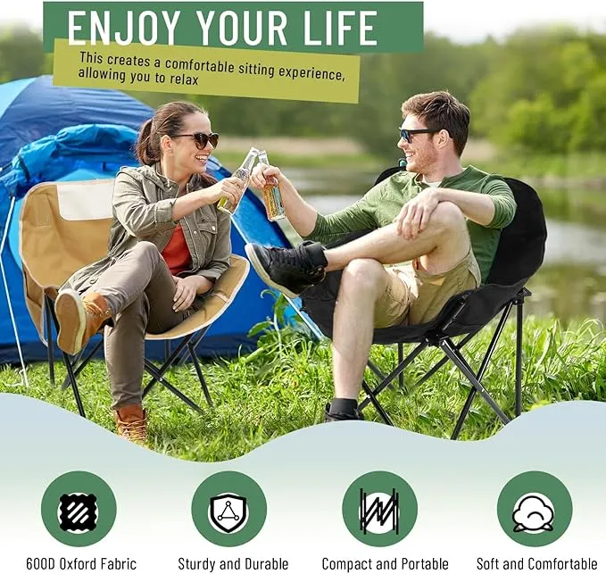 2 Pack Compact Camping Chair Portable Folding Chairs for Outside with Carry Bag Lightweight Moon Chairs for Travel Picnic Hiking Beach Fishing, 600D Oxford, Supports 330lbs (Khaki, Black)