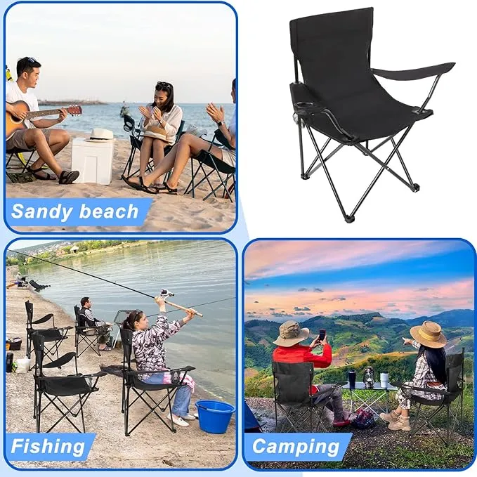 2 Pack Oversized Folding Camping Chairs Heavy Duty Lawn Chairs with Carrying Bag Cup Holder Portable Collapsible Chairs for Outdoor Sports Garden Beach(Black, 19.7 x 19.7 x 31.5 Inches)