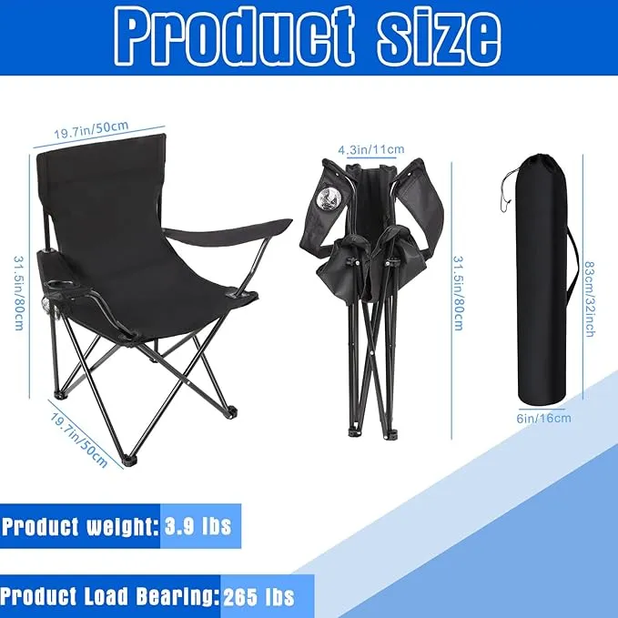 2 Pack Oversized Folding Camping Chairs Heavy Duty Lawn Chairs with Carrying Bag Cup Holder Portable Collapsible Chairs for Outdoor Sports Garden Beach(Black, 19.7 x 19.7 x 31.5 Inches)
