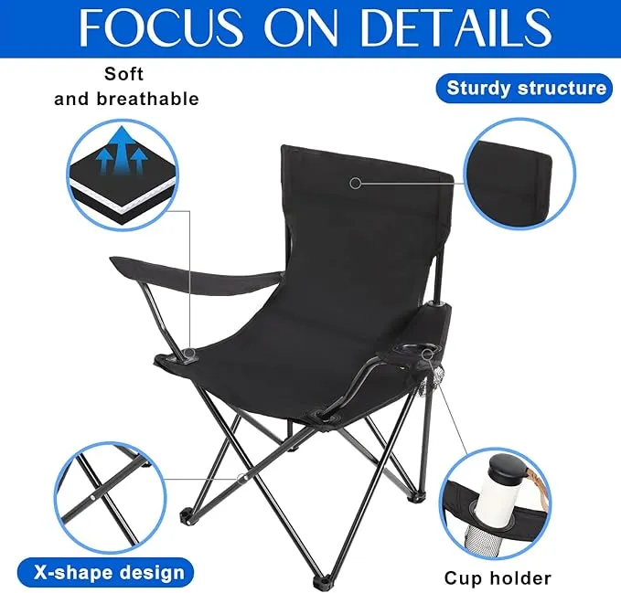 2 Pack Oversized Folding Camping Chairs Heavy Duty Lawn Chairs with Carrying Bag Cup Holder Portable Collapsible Chairs for Outdoor Sports Garden Beach(Black, 19.7 x 19.7 x 31.5 Inches)