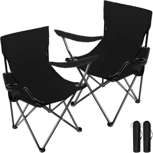 2 Pack Oversized Folding Camping Chairs Heavy Duty Lawn Chairs with Carrying Bag Cup Holder Portable Collapsible Chairs for Outdoor Sports Garden Beach(Black, 19.7 x 19.7 x 31.5 Inches)