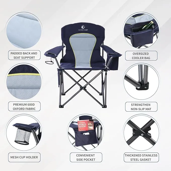 2 Pack Oversized Folding Camping Chairs High Back Heavy Duty Padded Lawn Chair for Adults Support up to 450lbs with Cup Holder, Side Pocket Cooler Bag, Blue