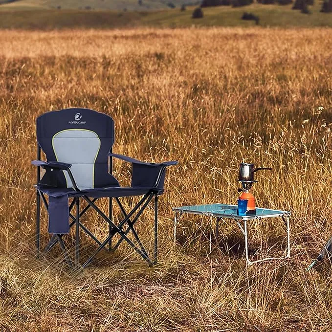 2 Pack Oversized Folding Camping Chairs High Back Heavy Duty Padded Lawn Chair for Adults Support up to 450lbs with Cup Holder, Side Pocket Cooler Bag, Blue