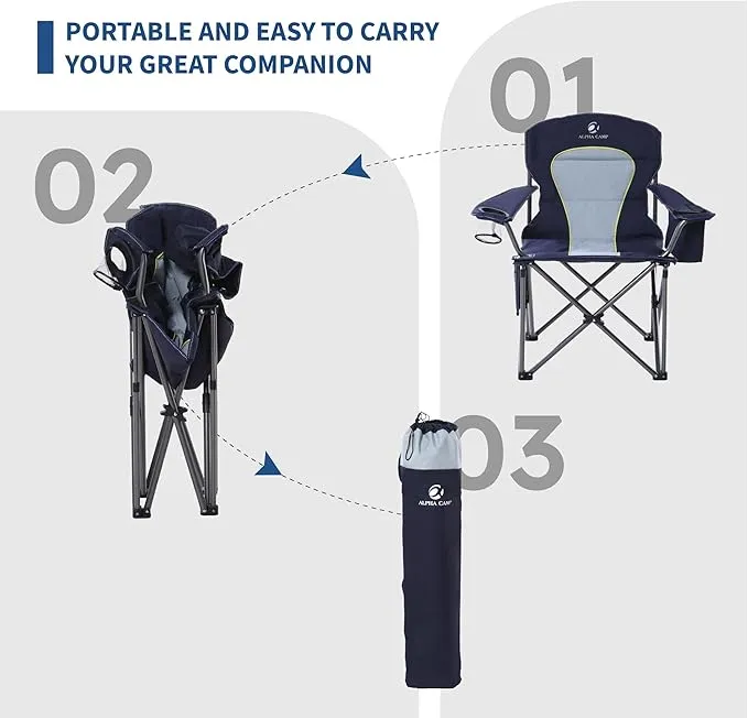 2 Pack Oversized Folding Camping Chairs High Back Heavy Duty Padded Lawn Chair for Adults Support up to 450lbs with Cup Holder, Side Pocket Cooler Bag, Blue