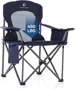 2 Pack Oversized Folding Camping Chairs High Back Heavy Duty Padded Lawn Chair for Adults Support up to 450lbs with Cup Holder, Side Pocket Cooler Bag, Blue