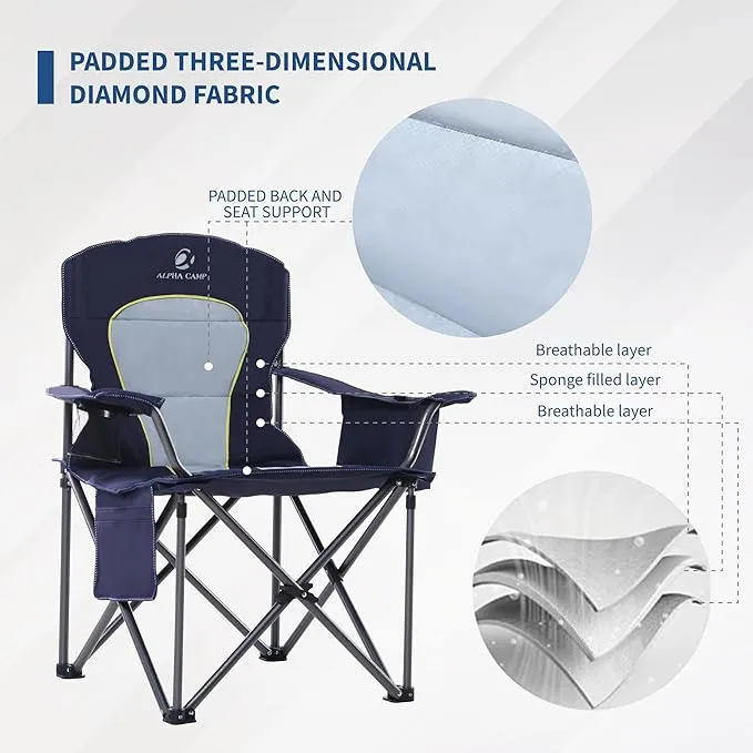 2 Pack Oversized Folding Camping Chairs High Back Heavy Duty Padded Lawn Chair for Adults Support up to 450lbs with Cup Holder, Side Pocket Cooler Bag, Blue