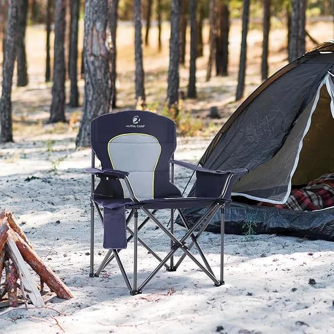 2 Pack Oversized Folding Camping Chairs High Back Heavy Duty Padded Lawn Chair for Adults Support up to 450lbs with Cup Holder, Side Pocket Cooler Bag, Blue