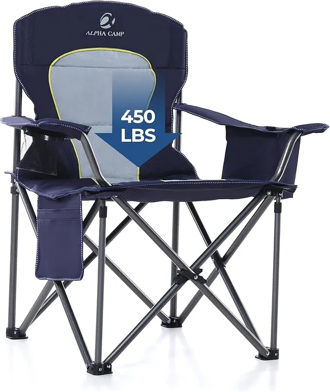 2 Pack Oversized Folding Camping Chairs High Back Heavy Duty Padded Lawn Chair for Adults Support up to 450lbs with Cup Holder, Side Pocket Cooler Bag, Blue