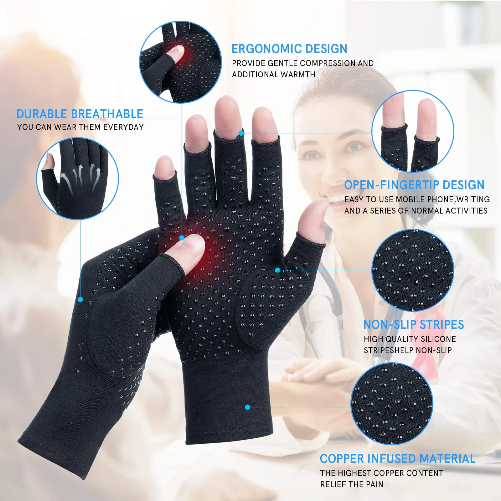 2 Pairs Arthritis Compression Gloves, Relieve Arthritis, Rheumatoid, Osteoarthritis, Carpal Tunnel Pain, Compression Gloves for Arthritis for Women & Men, Anti-Slip Glue dot Gloves for Work (Black,S) Small Black