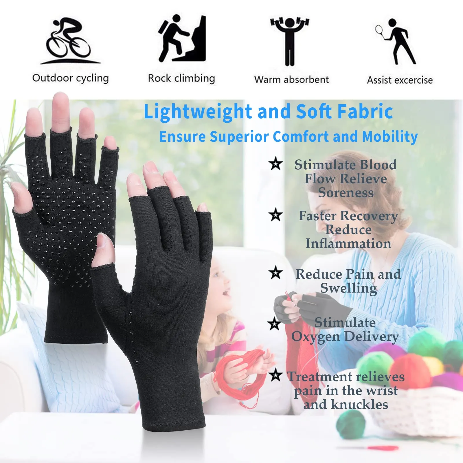 2 Pairs Arthritis Compression Gloves, Relieve Arthritis, Rheumatoid, Osteoarthritis, Carpal Tunnel Pain, Compression Gloves for Arthritis for Women & Men, Anti-Slip Glue dot Gloves for Work (Black,S) Small Black