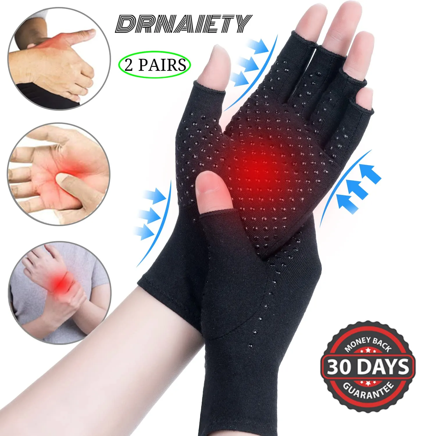 2 Pairs Arthritis Compression Gloves, Relieve Arthritis, Rheumatoid, Osteoarthritis, Carpal Tunnel Pain, Compression Gloves for Arthritis for Women & Men, Anti-Slip Glue dot Gloves for Work (Black,S) Small Black