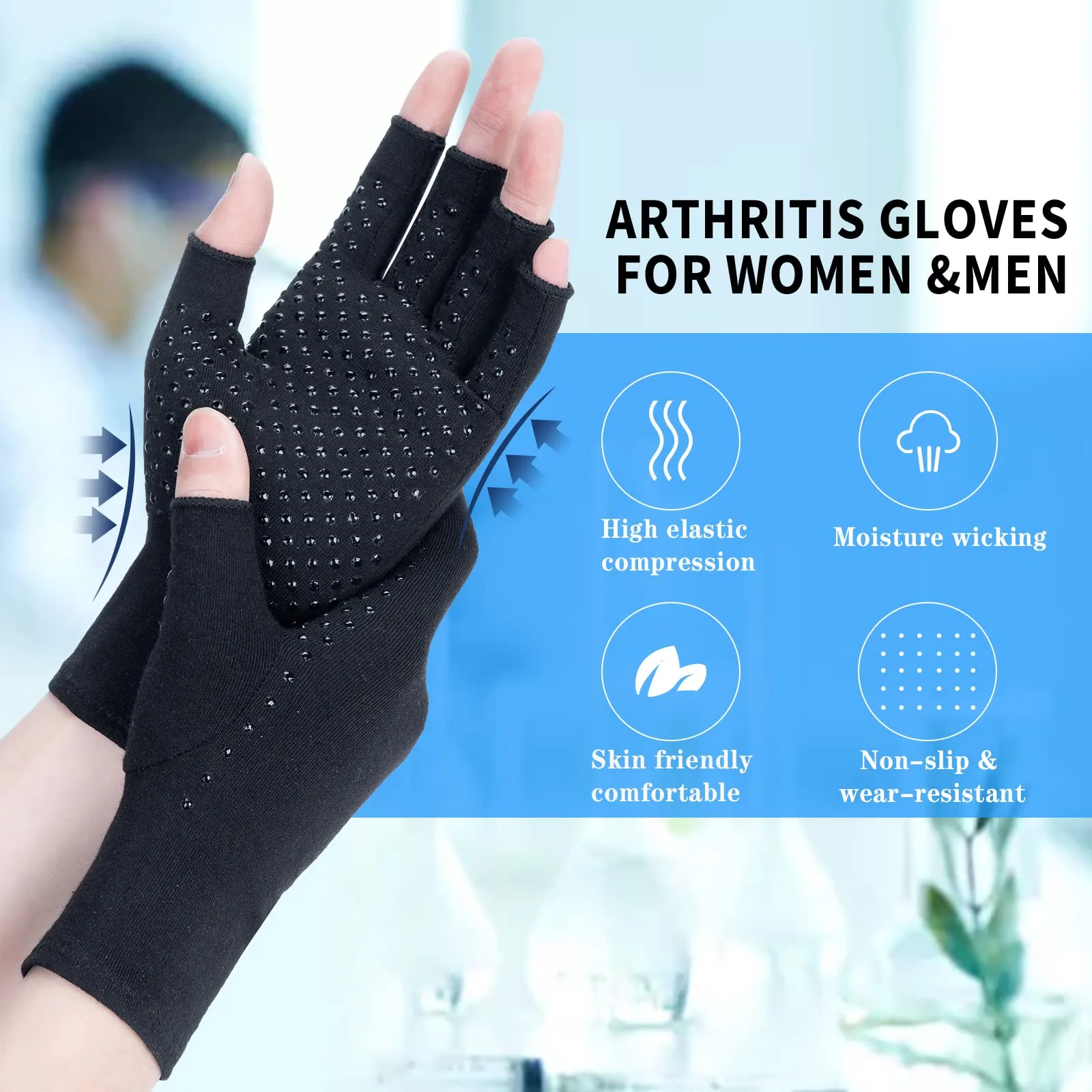 2 Pairs Arthritis Compression Gloves, Relieve Arthritis, Rheumatoid, Osteoarthritis, Carpal Tunnel Pain, Compression Gloves for Arthritis for Women & Men, Anti-Slip Glue dot Gloves for Work (Black,S) Small Black