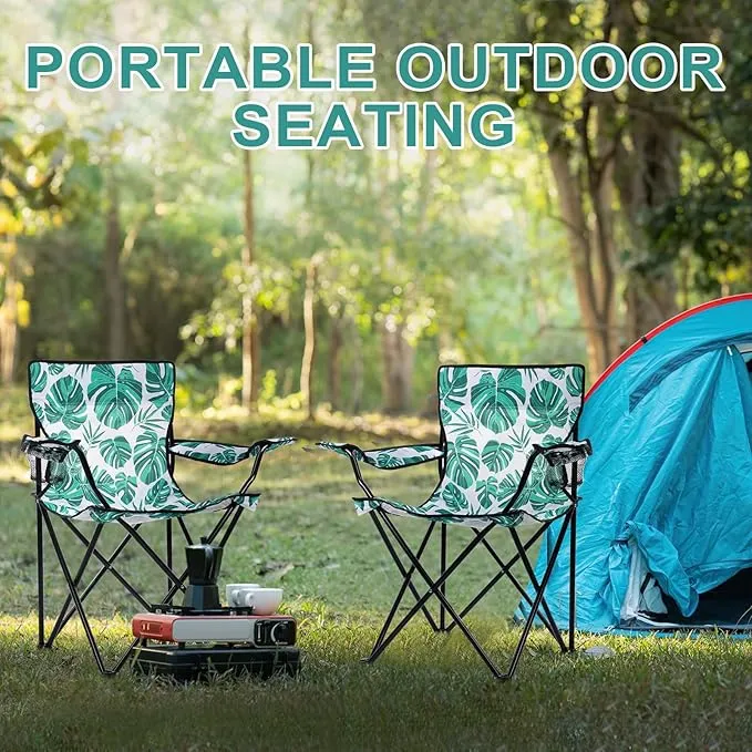 2 Pcs Portable Folding Camping Chair with Carrying Bag Lightweight Foldable Lawn Chair Outdoor Chair with Cupholder Beach Chairs for Outside Sports Events Fishing (Green,Palm Leaves)