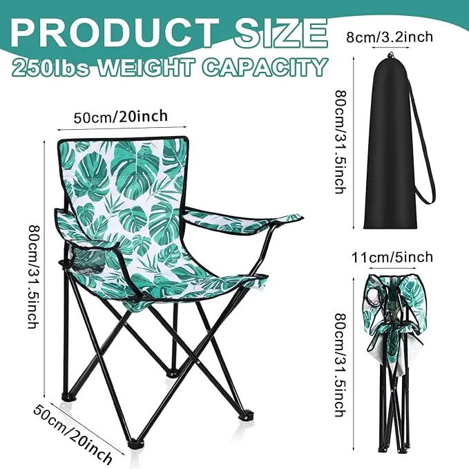 2 Pcs Portable Folding Camping Chair with Carrying Bag Lightweight Foldable Lawn Chair Outdoor Chair with Cupholder Beach Chairs for Outside Sports Events Fishing (Green,Palm Leaves)