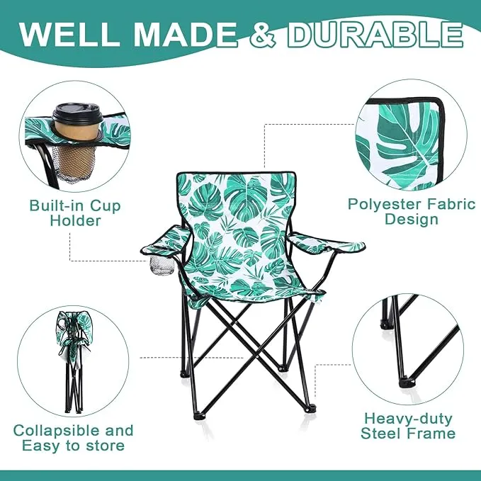 2 Pcs Portable Folding Camping Chair with Carrying Bag Lightweight Foldable Lawn Chair Outdoor Chair with Cupholder Beach Chairs for Outside Sports Events Fishing (Green,Palm Leaves)