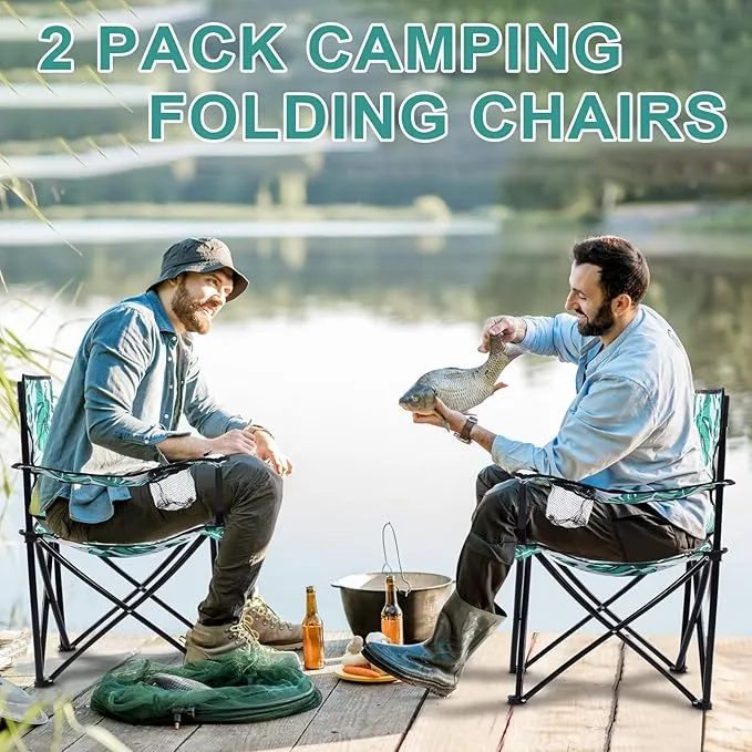 2 Pcs Portable Folding Camping Chair with Carrying Bag Lightweight Foldable Lawn Chair Outdoor Chair with Cupholder Beach Chairs for Outside Sports Events Fishing (Green,Palm Leaves)