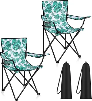 2 Pcs Portable Folding Camping Chair with Carrying Bag Lightweight Foldable Lawn Chair Outdoor Chair with Cupholder Beach Chairs for Outside Sports Events Fishing (Green,Palm Leaves)
