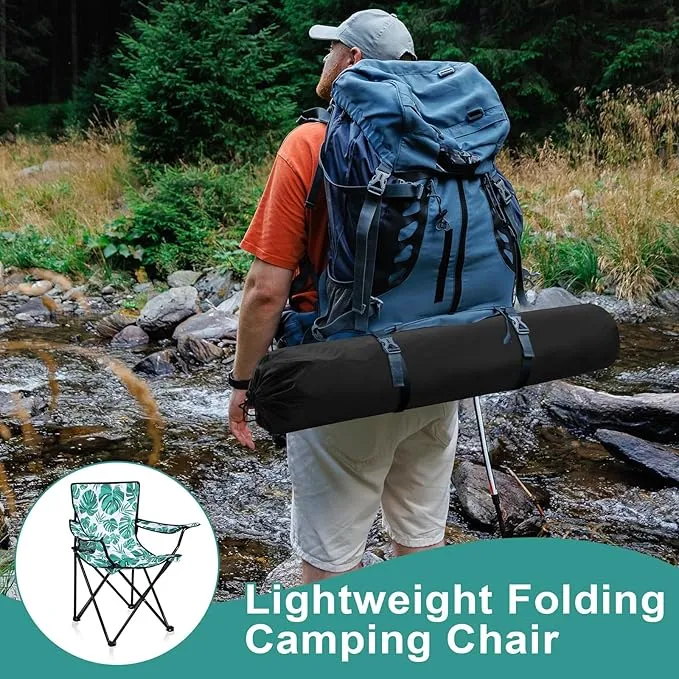 2 Pcs Portable Folding Camping Chair with Carrying Bag Lightweight Foldable Lawn Chair Outdoor Chair with Cupholder Beach Chairs for Outside Sports Events Fishing (Green,Palm Leaves)