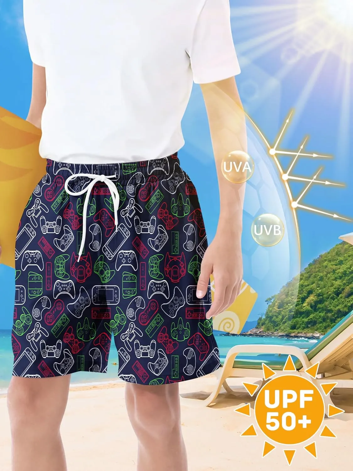 3/1 Pack Boys Swim Trunks UPF 50  Swim Shorts Kid Board Shorts with Mesh Lining Quick Dry Beachwear Swimsuit