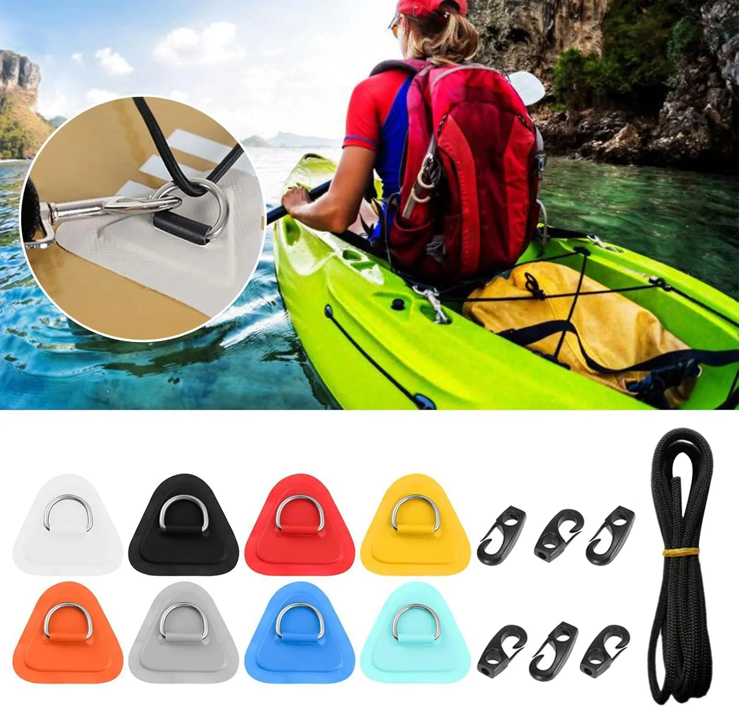6Pcs Stainless D-Rings Patches for Inflatable Boat Kayak Surfboard Paddle Board Kayak D-Rings Pad Stand-Up Paddleboard Paddle Board Attachment