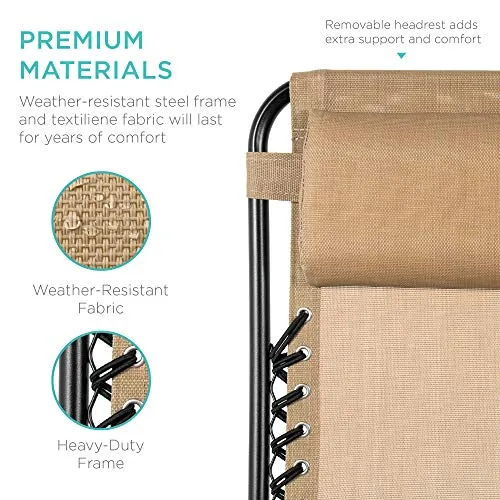 Best Choice Products Set of 2 Adjustable Steel Mesh Zero Gravity Lounge Chair Recliners w/Pillows and Cup Holder Trays, Beige
