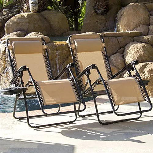 Best Choice Products Set of 2 Adjustable Steel Mesh Zero Gravity Lounge Chair Recliners w/Pillows and Cup Holder Trays, Beige