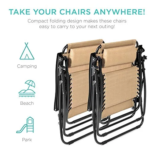 Best Choice Products Set of 2 Adjustable Steel Mesh Zero Gravity Lounge Chair Recliners w/Pillows and Cup Holder Trays, Beige