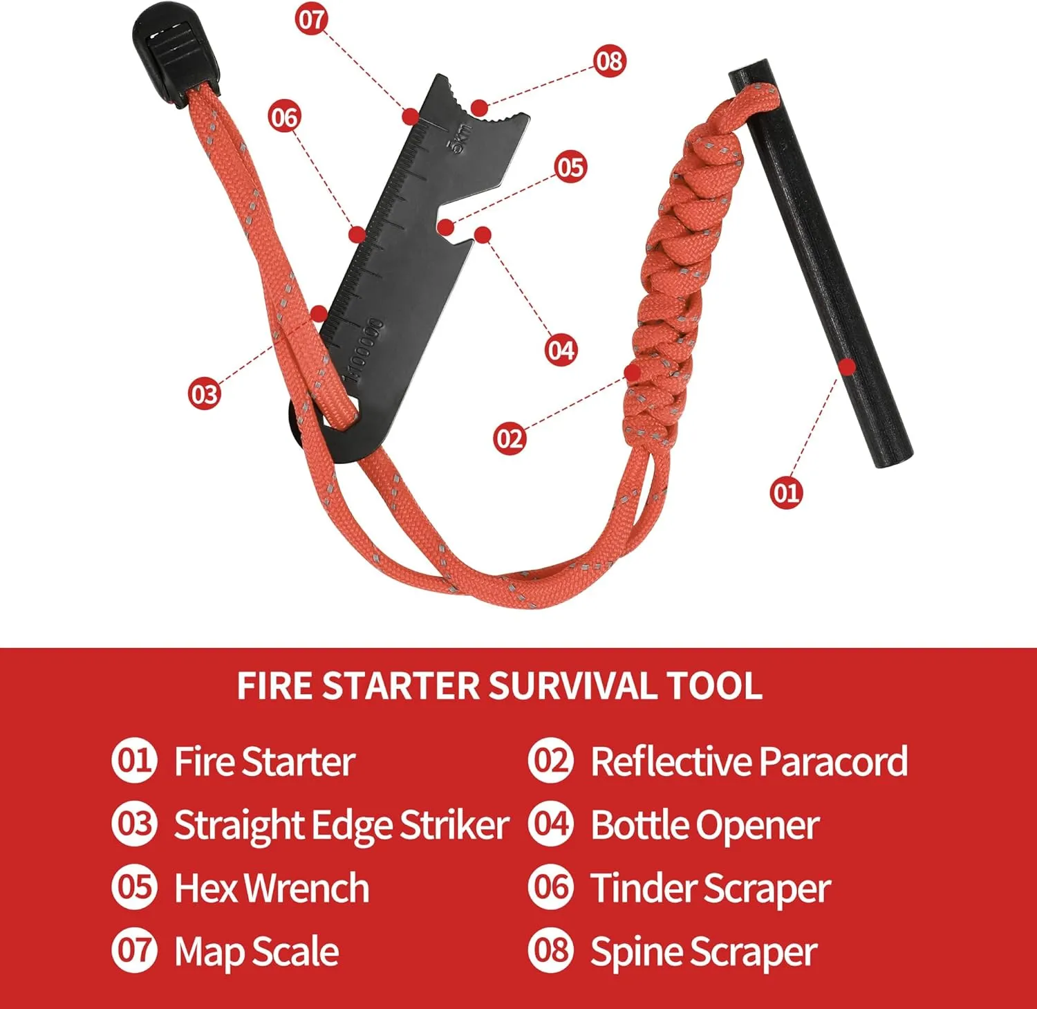Fire Starter Survival Tool Kit - Ferro Rod with Multifunction Striker and Umbrella Rope, Magnesium Fire Starter Rods, Emergency Igniter for Survival, Emergency Sparks, Outdoor Camping Hiking