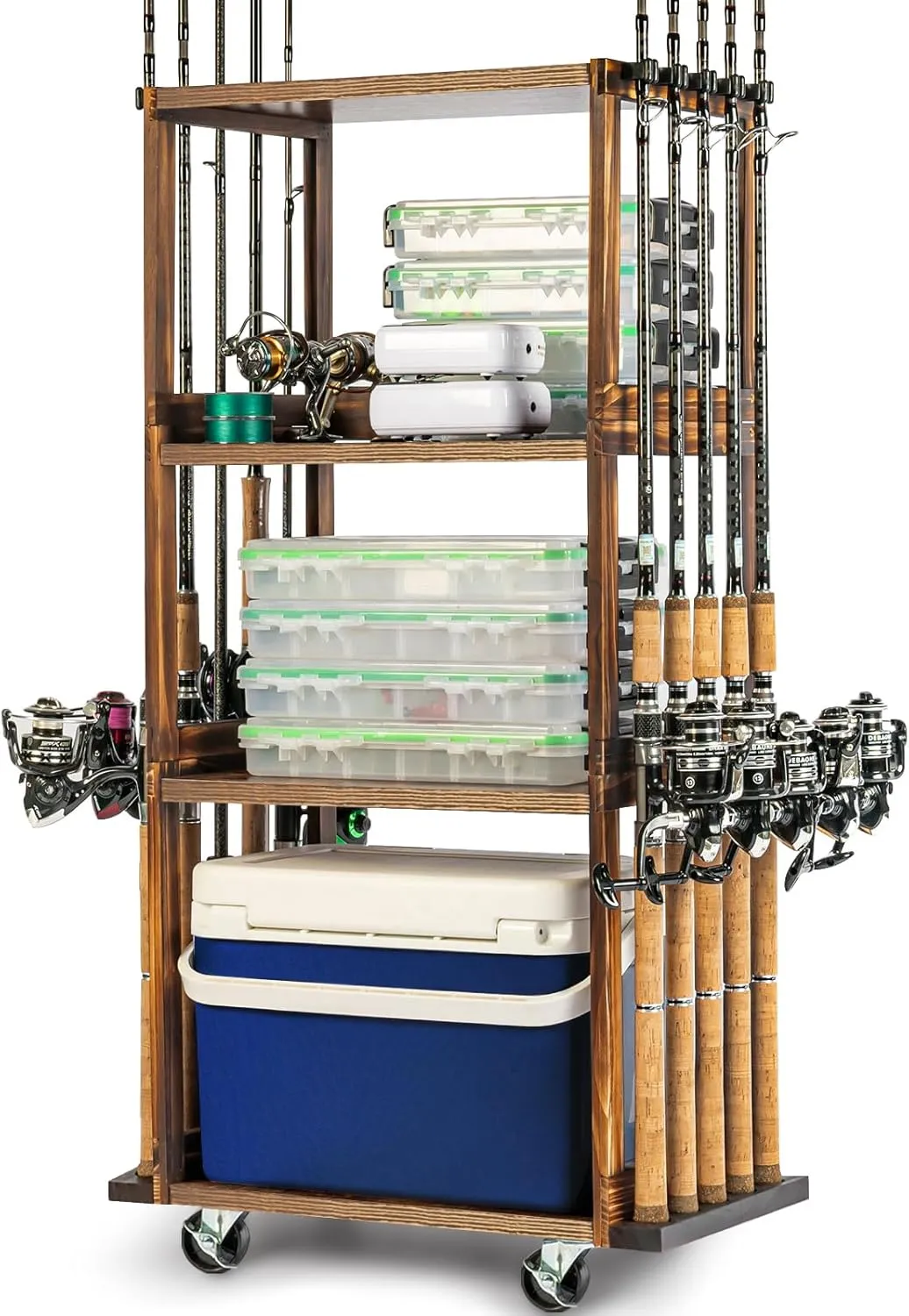 Ghosthorn Fishing Rod Holders for Garage Holds up 10 Rods Wood Pole Rod Rack Tackle Storage Gear and Equipment Fishing Gifts for Men Women
