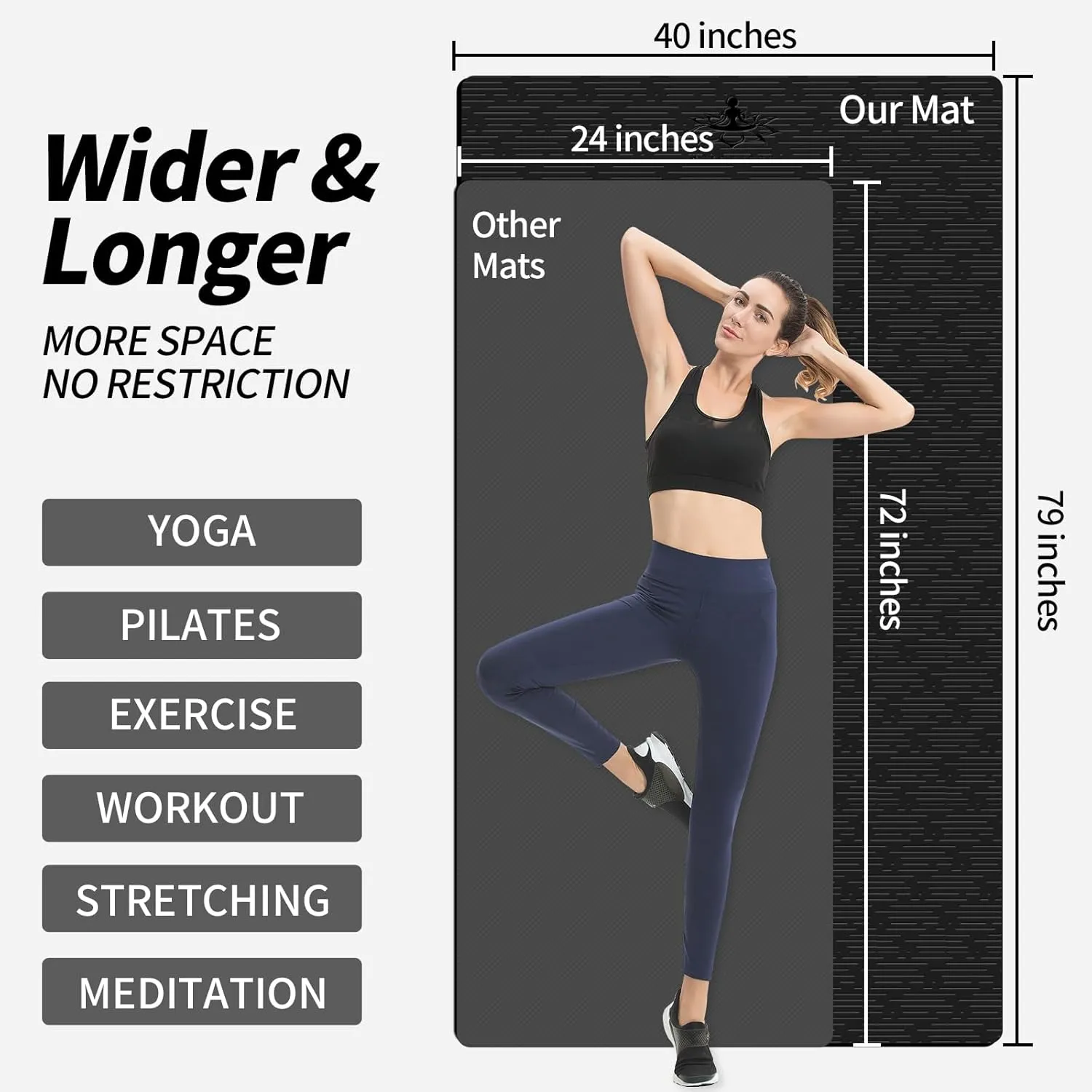 Hatha Yoga Extra Long TPE Yoga Mat 79" x 40 x 1/2" Thick Non-slip Exercise Mat for Home Gym Use, Yoga, Pilates, Fitness & Workouts