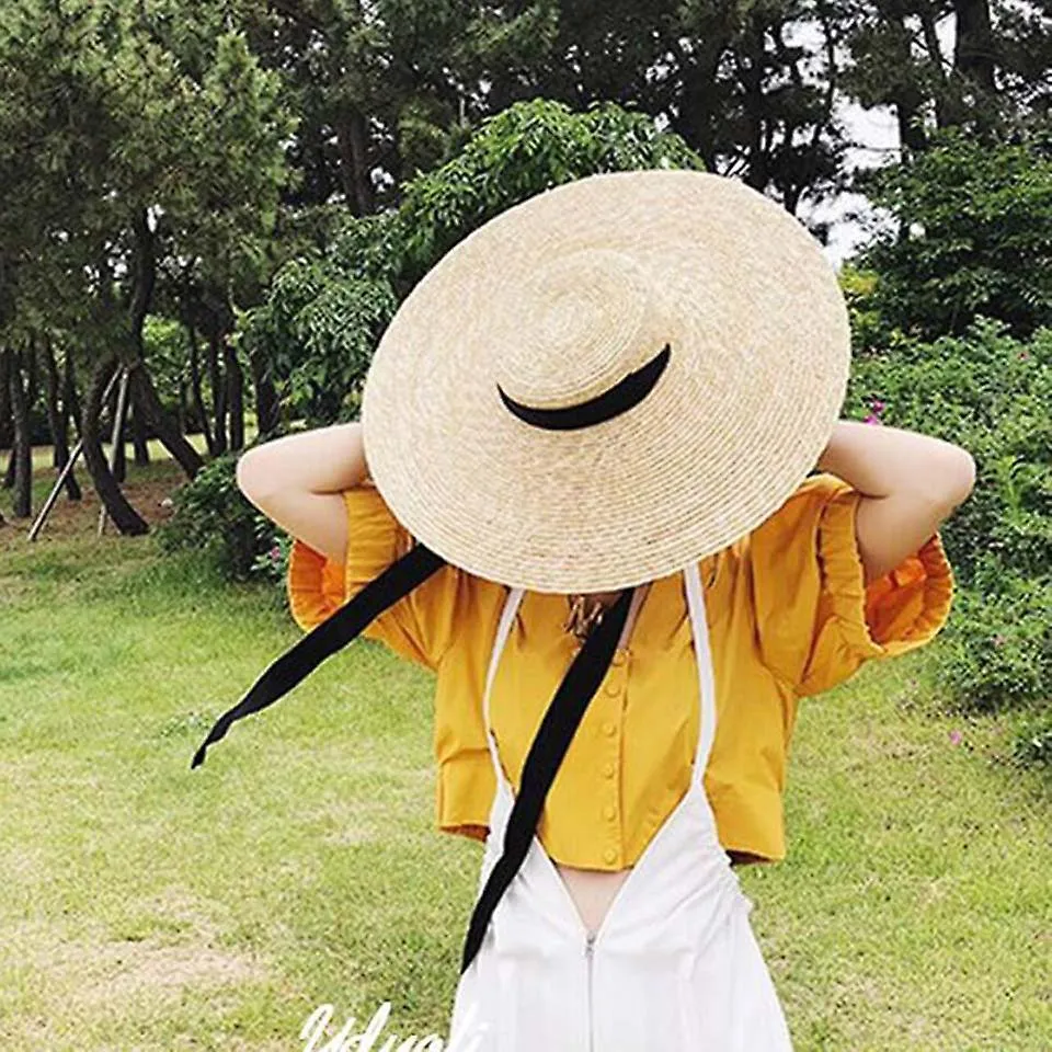 Hats Wide Boater Brim Straw Hat Flat Summer With Ribbon Tie Sun Hats Beach Cap