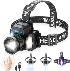 Headlamp Rechargeable, 90 Adjustable 30W LED Super Bright Head lamp with Red Light, Head Lamps Led Rechargeable Headlamps for Adults, 9 Modes Waterproof Zoomable Headlight for Camping Running