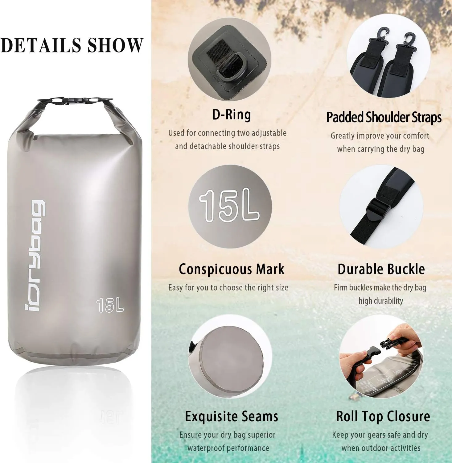 IDRYBAG Clear Dry Bag Waterproof 2L/5L/10L/15L/20L, Small Dry Sack Waterproof Bag for Kayaking