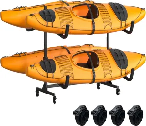 Kayak Storage Rack, Heavy Duty Steel Hanger for 2/4 Kayaks Stand, Canoe, SUP & Surfboard with Adjustable Width, Movable Wheels, Secure Straps, and Padded Arms for Indoor/Outdoor/Garage Storage
