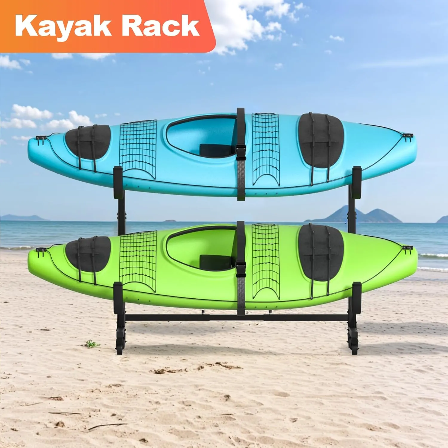 Kayak Storage Rack, Heavy Duty Steel Hanger for 2/4 Kayaks Stand, Canoe, SUP & Surfboard with Adjustable Width, Movable Wheels, Secure Straps, and Padded Arms for Indoor/Outdoor/Garage Storage