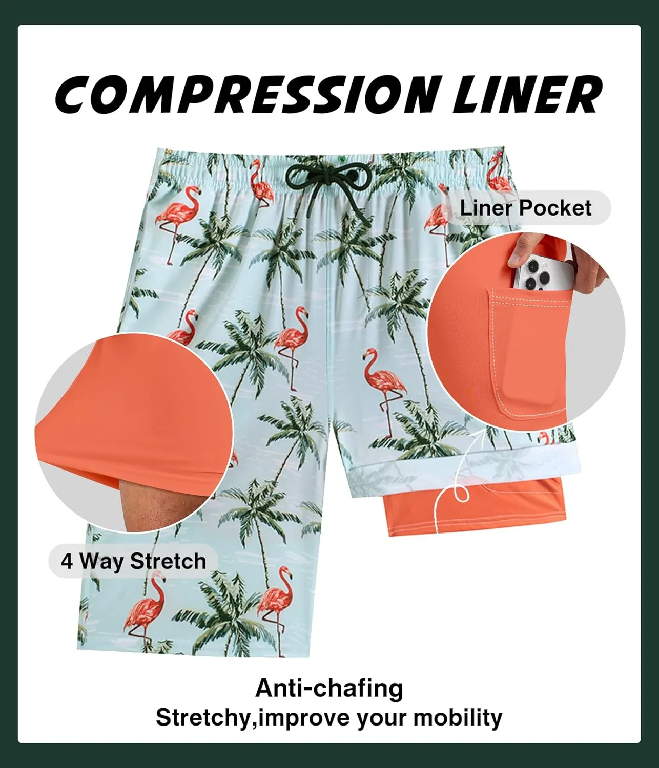Mens Swim Trunks with Compression Liner 7 Inch Swim Trunks Quick Dry Surfing Beach Shorts Hawaii Sports Shorts