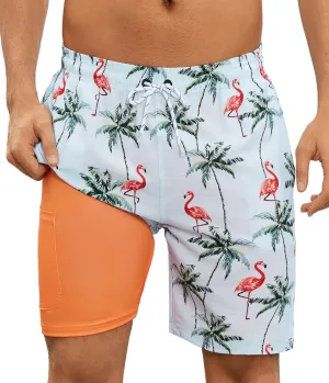 Mens Swim Trunks with Compression Liner 7 Inch Swim Trunks Quick Dry Surfing Beach Shorts Hawaii Sports Shorts