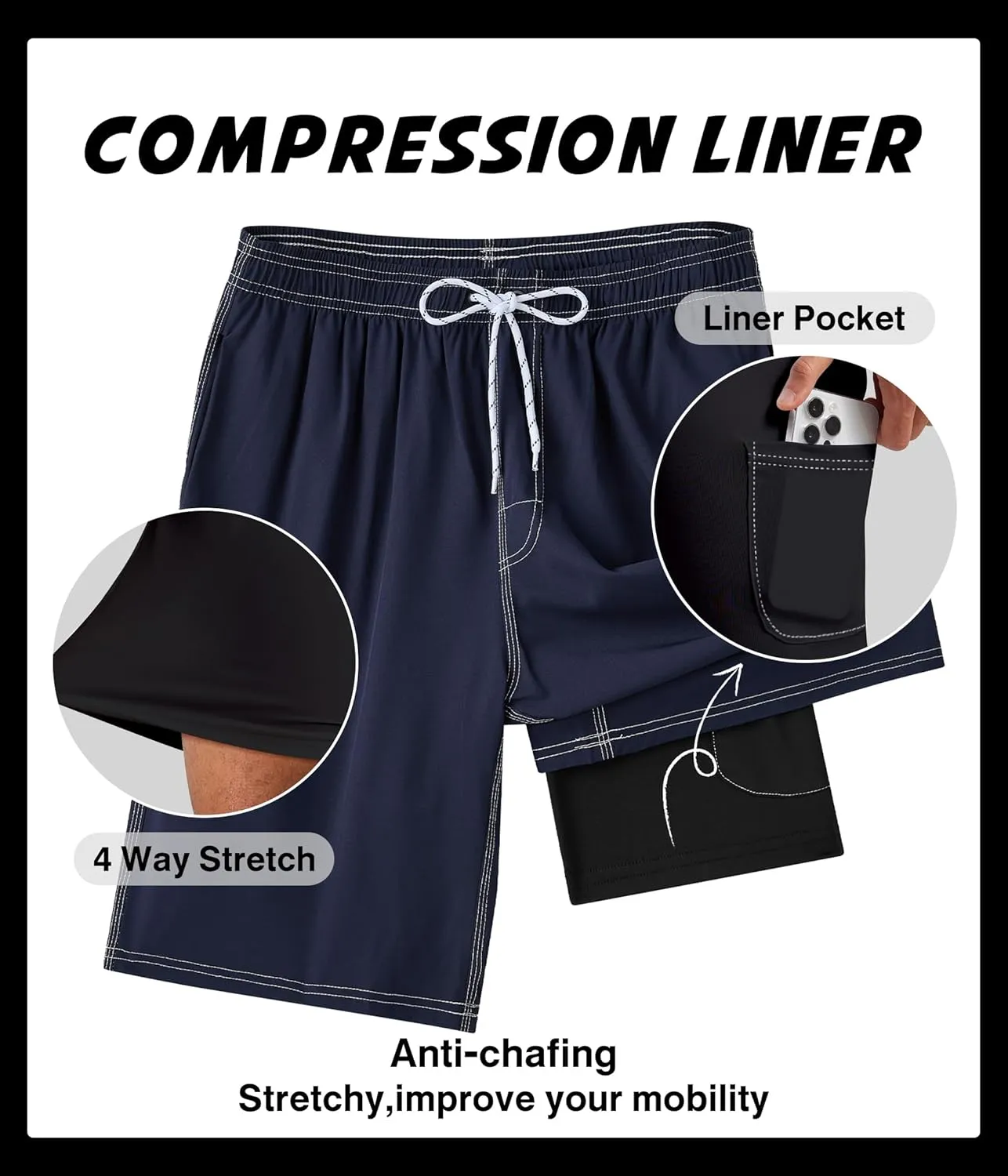 Mens Swim Trunks with Compression Liner 9" Swim Trunks Quick Dry Surfing Beach Shorts Hawaii Sports Shorts